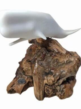 Vintage John Perry resin sperm whale sculpture mounted on natural burl wood